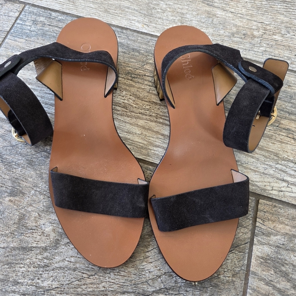Chloe Black Suede Ankle-Strap Flat Sandals Gold Heel 37 7